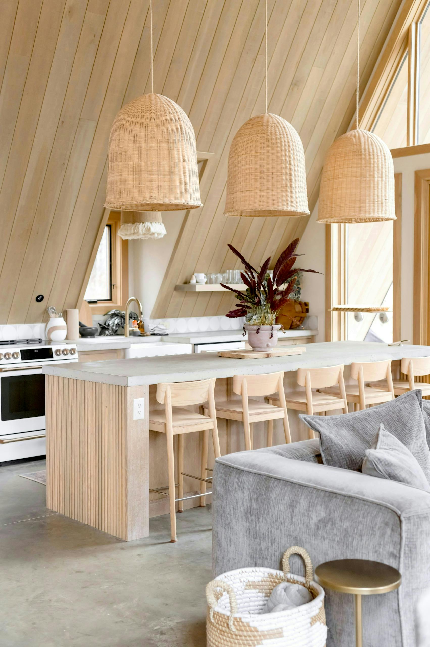A bright, modern kitchen with Scandinavian design elements, located in Bethel, Maine.